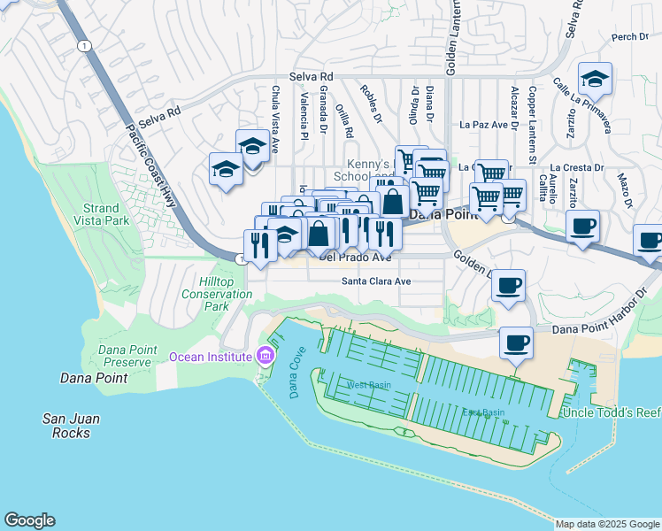 map of restaurants, bars, coffee shops, grocery stores, and more near 24442 Del Prado Avenue in Dana Point