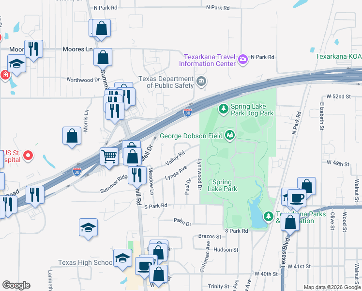 map of restaurants, bars, coffee shops, grocery stores, and more near 80 Valley Road in Texarkana