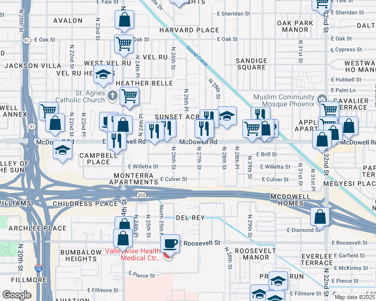 map of restaurants, bars, coffee shops, grocery stores, and more near 2626 East Brill Street in Phoenix