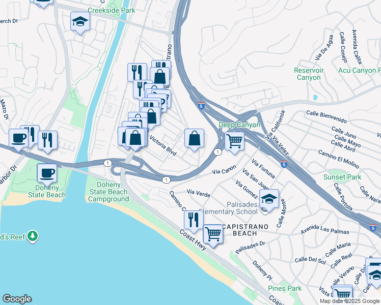 map of restaurants, bars, coffee shops, grocery stores, and more near 34244 Via Santa Rosa in Dana Point