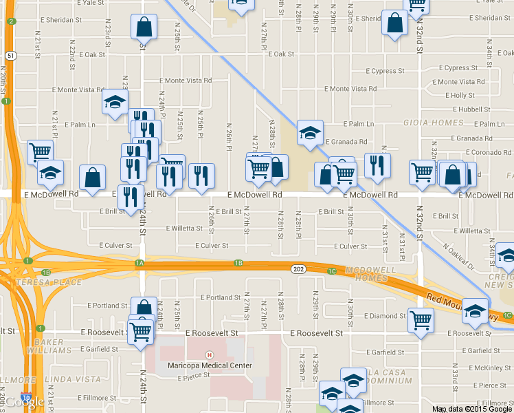 map of restaurants, bars, coffee shops, grocery stores, and more near 2714 East Brill Street in Phoenix