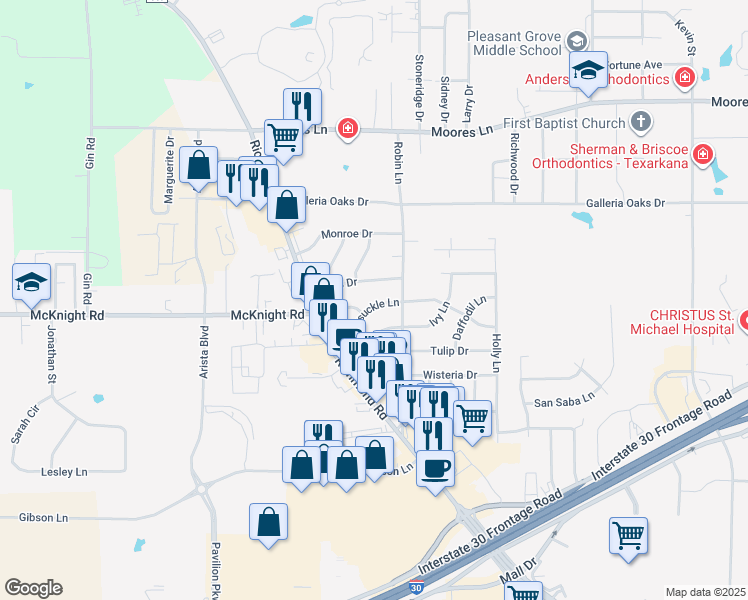 map of restaurants, bars, coffee shops, grocery stores, and more near 4012 Honeysuckle Lane in Texarkana