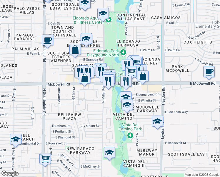 map of restaurants, bars, coffee shops, grocery stores, and more near 7607 East McDowell Road in Scottsdale