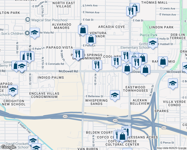 map of restaurants, bars, coffee shops, grocery stores, and more near 1425 North 41st Street in Phoenix