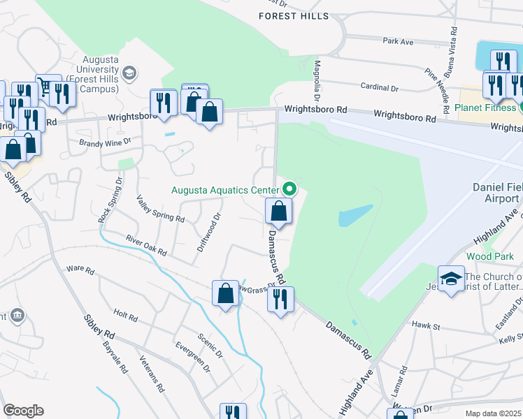 map of restaurants, bars, coffee shops, grocery stores, and more near 6047 Silver Birch PI in Augusta