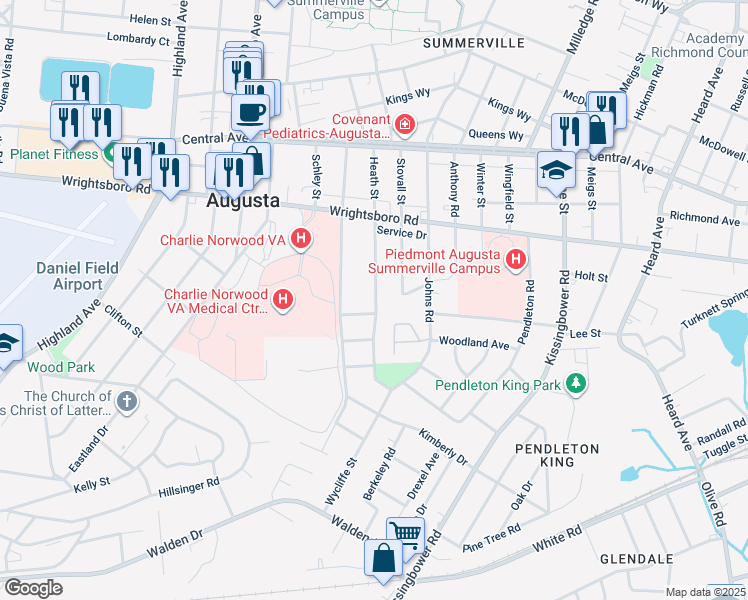 map of restaurants, bars, coffee shops, grocery stores, and more near 2351 Minto Street in Augusta