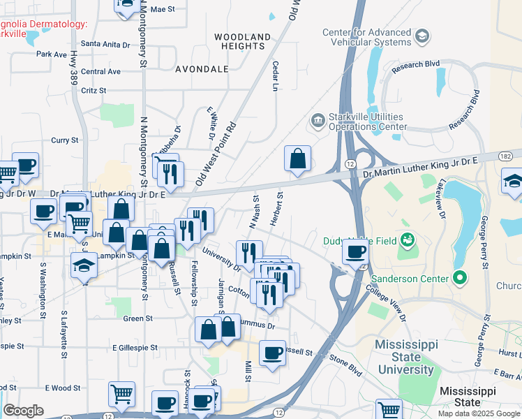 map of restaurants, bars, coffee shops, grocery stores, and more near 208 North Nash Street in Starkville