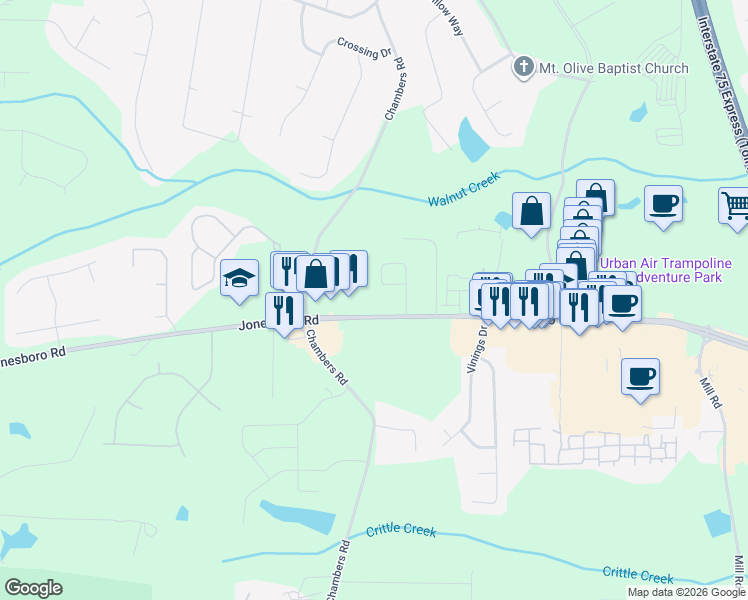 map of restaurants, bars, coffee shops, grocery stores, and more near 2226 Jonesboro Road in McDonough