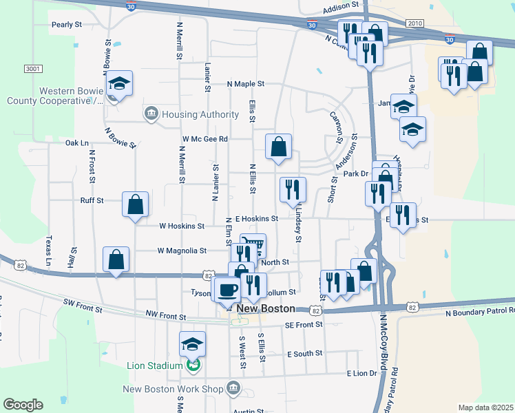 map of restaurants, bars, coffee shops, grocery stores, and more near 402 North Ellis Street in New Boston