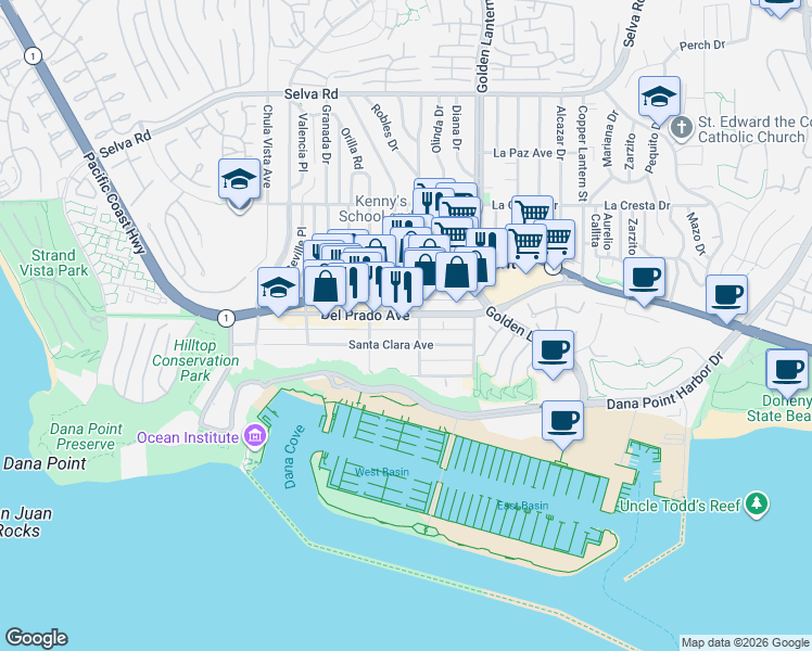 map of restaurants, bars, coffee shops, grocery stores, and more near 24582 Del Prado Avenue in Dana Point