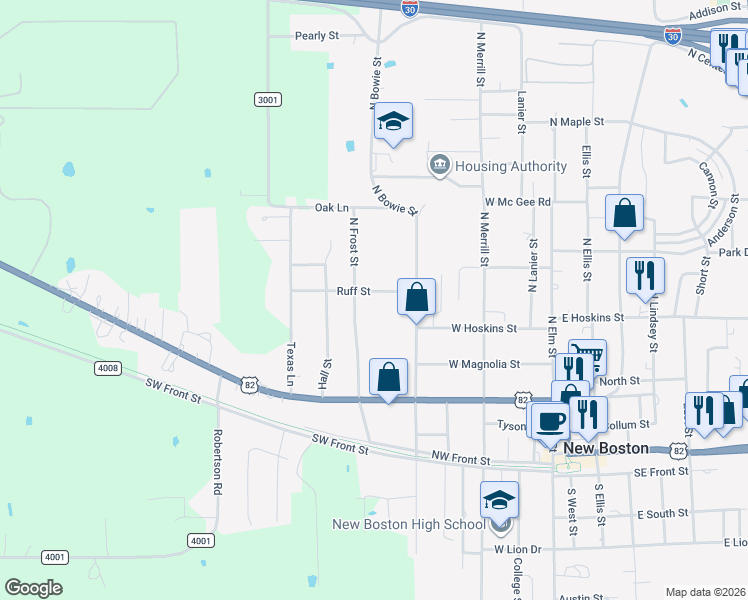 map of restaurants, bars, coffee shops, grocery stores, and more near 3726 Cr 4284 in New Boston