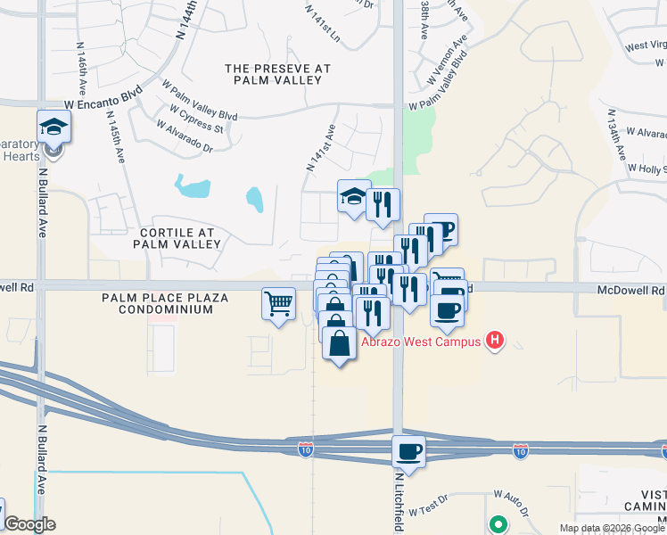 map of restaurants, bars, coffee shops, grocery stores, and more near 1626 North Litchfield Road in Goodyear