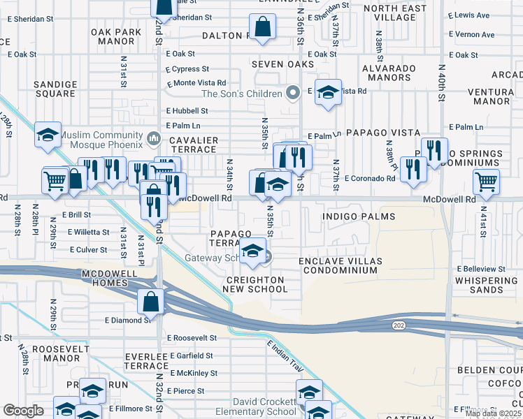 map of restaurants, bars, coffee shops, grocery stores, and more near 3447 East McDowell Road in Phoenix