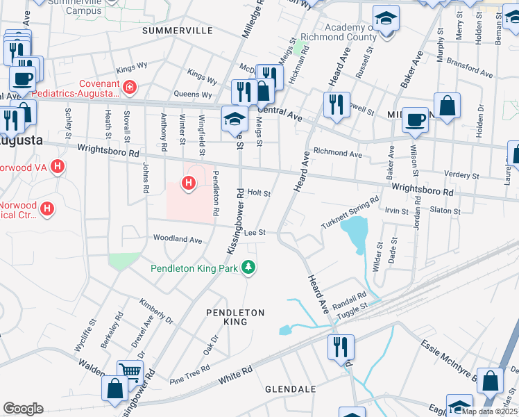 map of restaurants, bars, coffee shops, grocery stores, and more near 1421 Hickman Road in Augusta