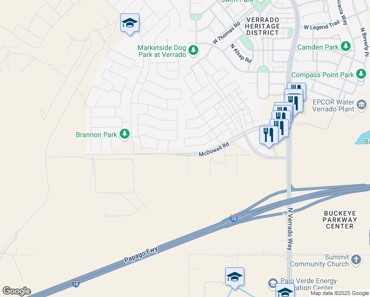 map of restaurants, bars, coffee shops, grocery stores, and more near 21089 West Almeria Road in Buckeye