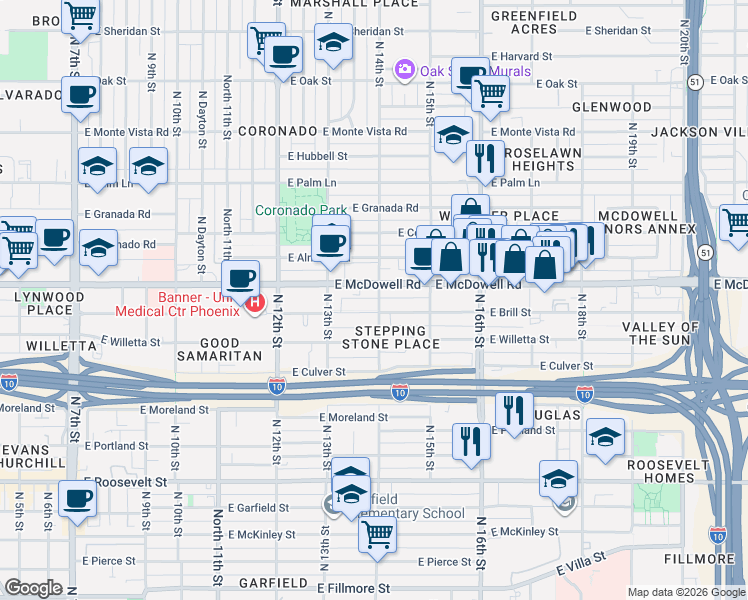 map of restaurants, bars, coffee shops, grocery stores, and more near 1412 East Brill Street in Phoenix
