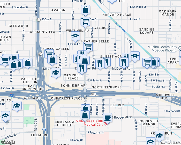 map of restaurants, bars, coffee shops, grocery stores, and more near 2433 East McDowell Road in Phoenix