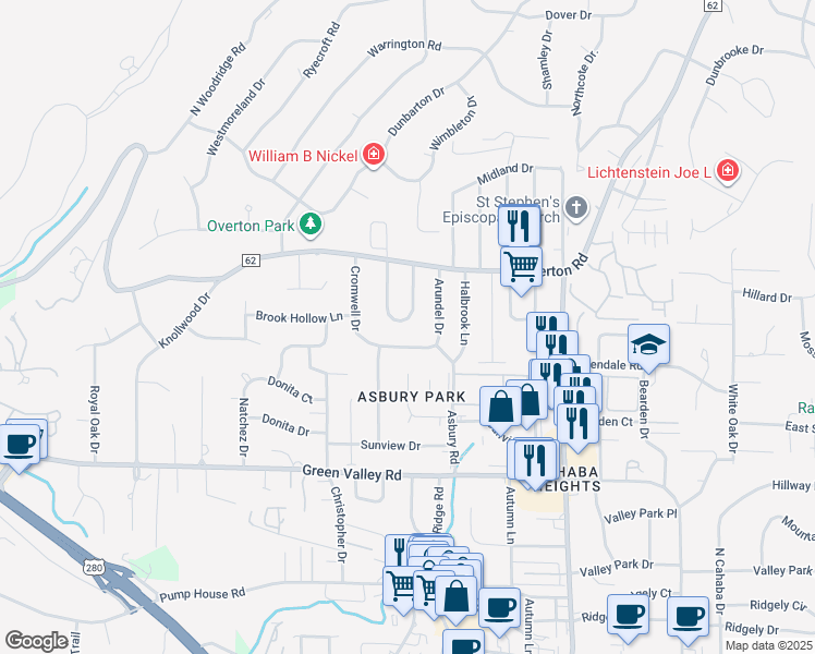 map of restaurants, bars, coffee shops, grocery stores, and more near 3825 Buckingham Lane in Birmingham