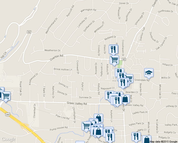 map of restaurants, bars, coffee shops, grocery stores, and more near 3825 Buckingham Lane in Birmingham