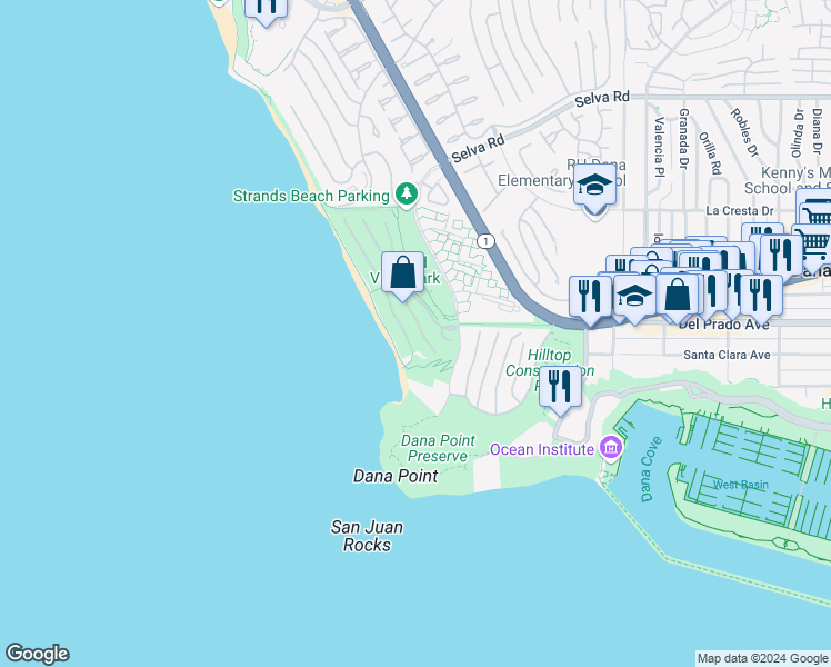 map of restaurants, bars, coffee shops, grocery stores, and more near 11 Beach View Avenue in Dana Point