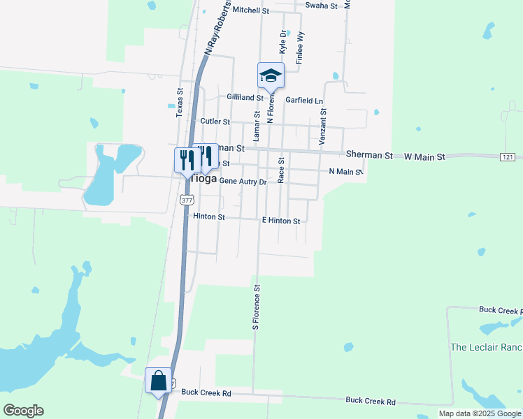 map of restaurants, bars, coffee shops, grocery stores, and more near 112 South Florence Street in Tioga