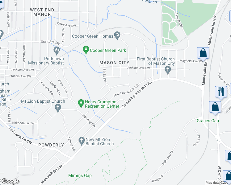 map of restaurants, bars, coffee shops, grocery stores, and more near 1536 Matt Leonard Drive Southwest in Birmingham