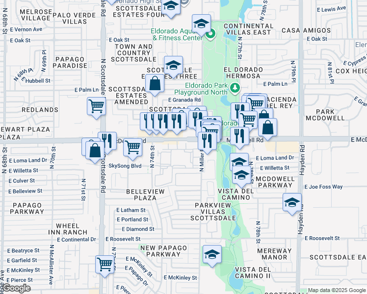 map of restaurants, bars, coffee shops, grocery stores, and more near 7505 East McDowell Road in Scottsdale