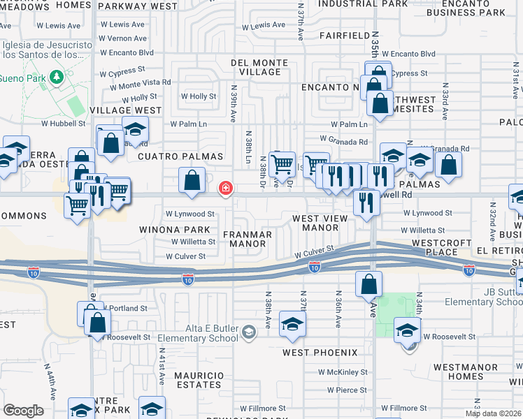 map of restaurants, bars, coffee shops, grocery stores, and more near 3825 West McDowell Road in Phoenix