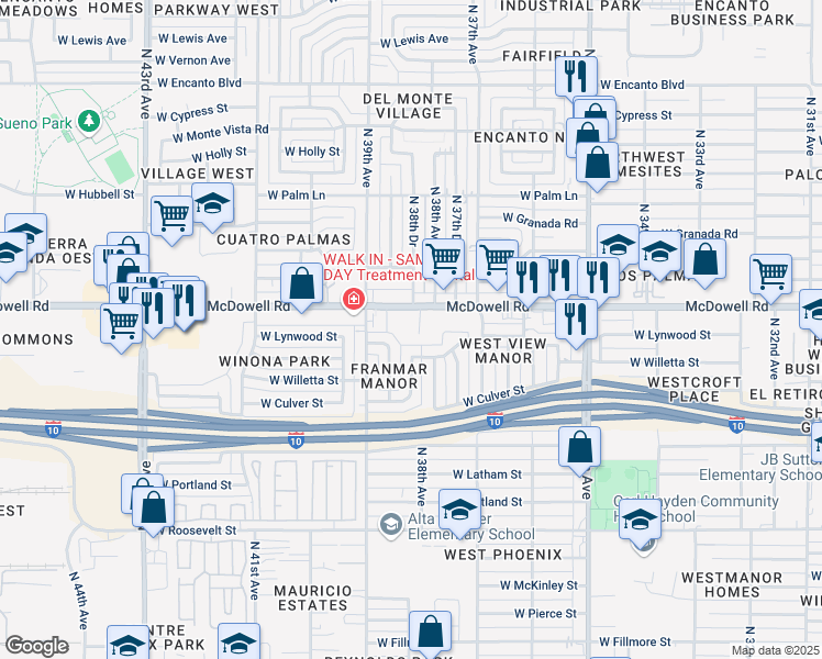 map of restaurants, bars, coffee shops, grocery stores, and more near 3825 West McDowell Road in Phoenix
