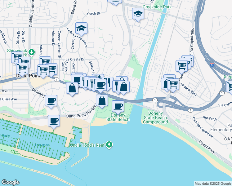 map of restaurants, bars, coffee shops, grocery stores, and more near 34312 Pacific Coast Highway in Dana Point