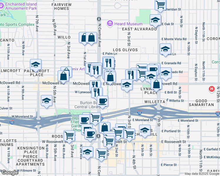 map of restaurants, bars, coffee shops, grocery stores, and more near 1425 North 1st Street in Phoenix