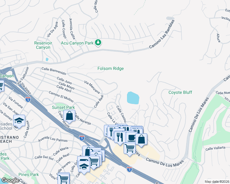 map of restaurants, bars, coffee shops, grocery stores, and more near 3813 Via Manzana in San Clemente
