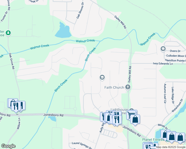 map of restaurants, bars, coffee shops, grocery stores, and more near 1025 Declaration Court in McDonough