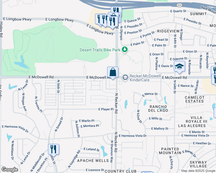 map of restaurants, bars, coffee shops, grocery stores, and more near 5950 East Norland Street in Mesa