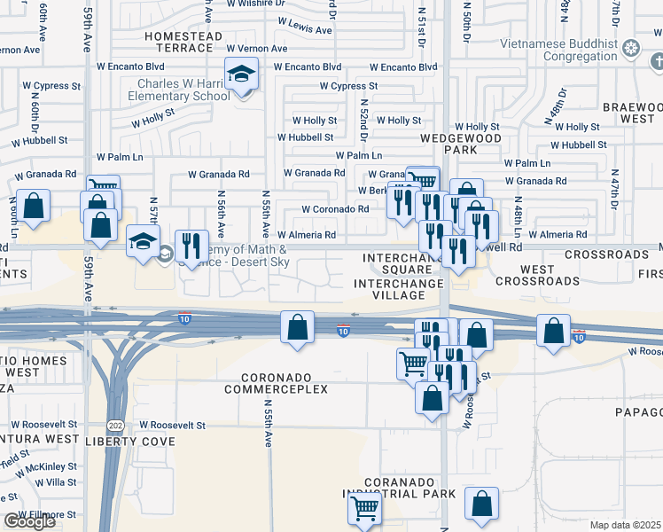 map of restaurants, bars, coffee shops, grocery stores, and more near 5236 West Brill Street in Phoenix