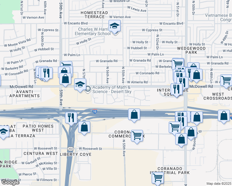 map of restaurants, bars, coffee shops, grocery stores, and more near 5535 West McDowell Road in Phoenix