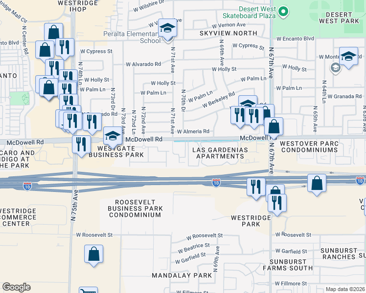 map of restaurants, bars, coffee shops, grocery stores, and more near 7021 Ventana Palms Inc in Phoenix