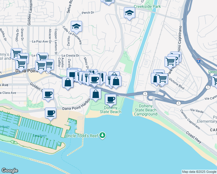 map of restaurants, bars, coffee shops, grocery stores, and more near 34312 Pacific Coast Highway in Dana Point