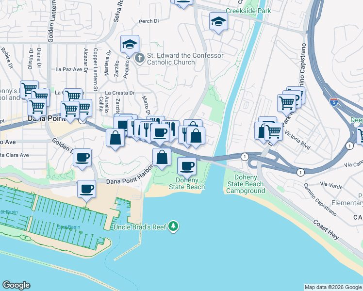 map of restaurants, bars, coffee shops, grocery stores, and more near 34312 Pacific Coast Highway in Dana Point