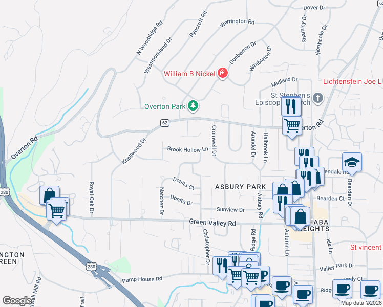 map of restaurants, bars, coffee shops, grocery stores, and more near 3845 Orleans Road in Vestavia Hills