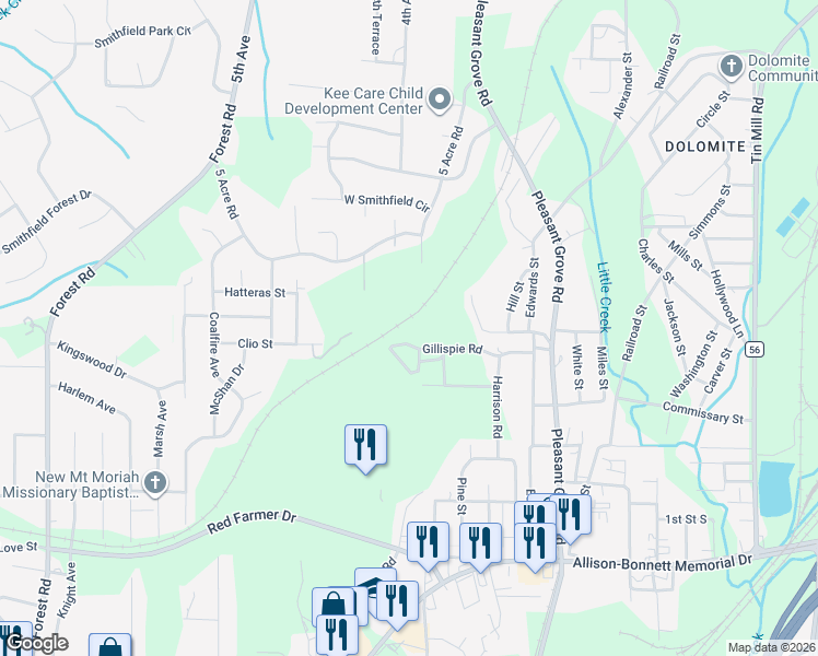 map of restaurants, bars, coffee shops, grocery stores, and more near 3800 Gillispie Road in Birmingham
