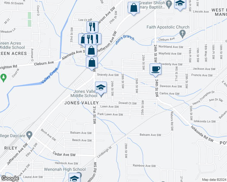 map of restaurants, bars, coffee shops, grocery stores, and more near 2828 Dowell Avenue Southwest in Birmingham