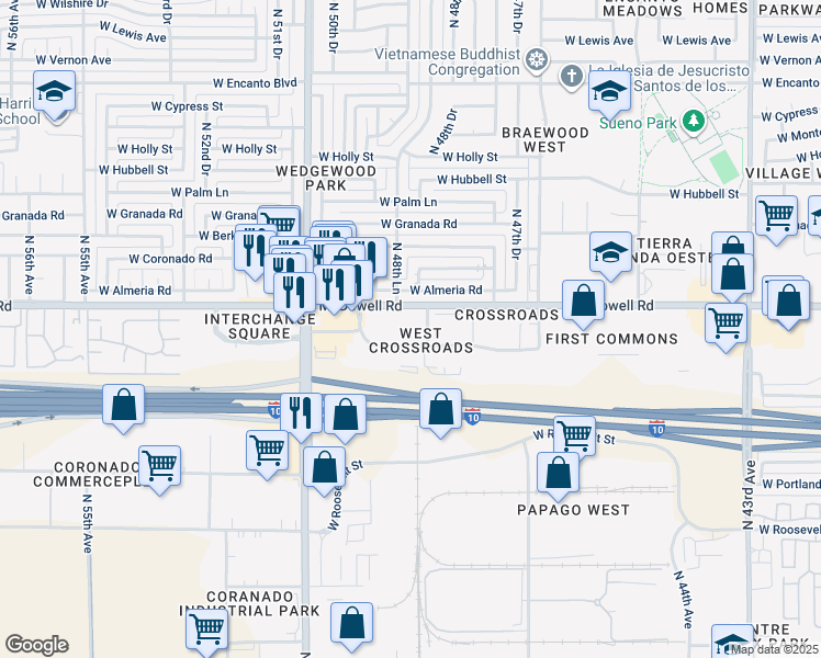 map of restaurants, bars, coffee shops, grocery stores, and more near 4861 West McDowell Road in Phoenix