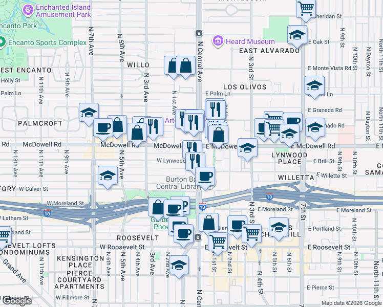 map of restaurants, bars, coffee shops, grocery stores, and more near in Phoenix