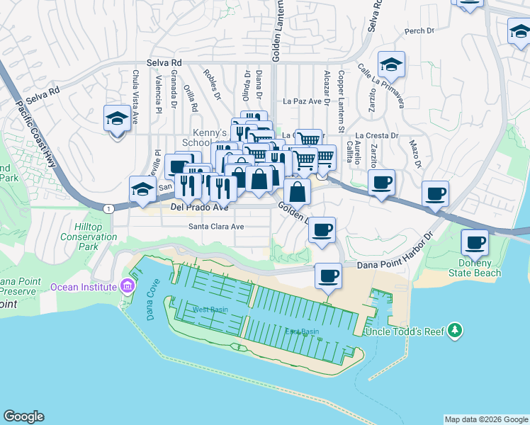 map of restaurants, bars, coffee shops, grocery stores, and more near 24722 Del Prado Avenue in Dana Point