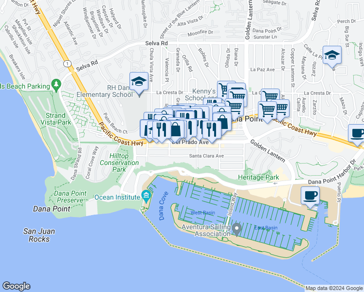 map of restaurants, bars, coffee shops, grocery stores, and more near 24422 Del Prado Avenue in Dana Point