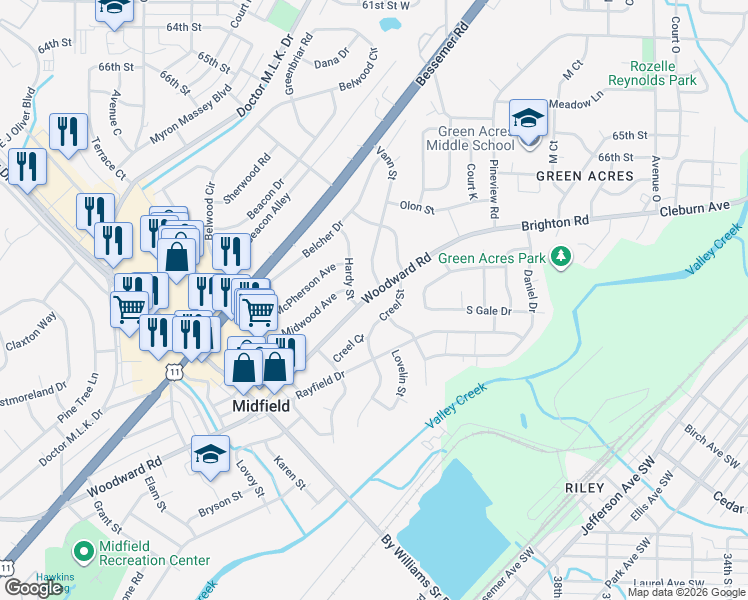 map of restaurants, bars, coffee shops, grocery stores, and more near 1329 Woodward Road in Birmingham