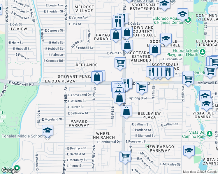 map of restaurants, bars, coffee shops, grocery stores, and more near 7049 East McDowell Road in Scottsdale