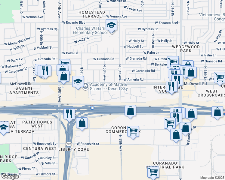 map of restaurants, bars, coffee shops, grocery stores, and more near 5535 West McDowell Road in Phoenix