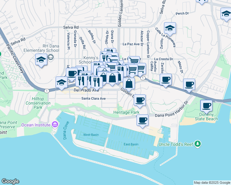 map of restaurants, bars, coffee shops, grocery stores, and more near 24685 Santa Clara Avenue in Dana Point
